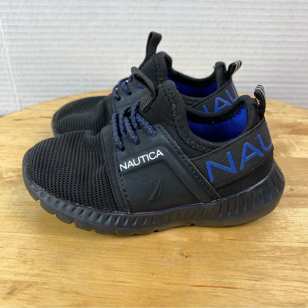 Nautica Toddler Boys Tennis Shoes Size 6 Black Blue Elastic Laced Sneakers